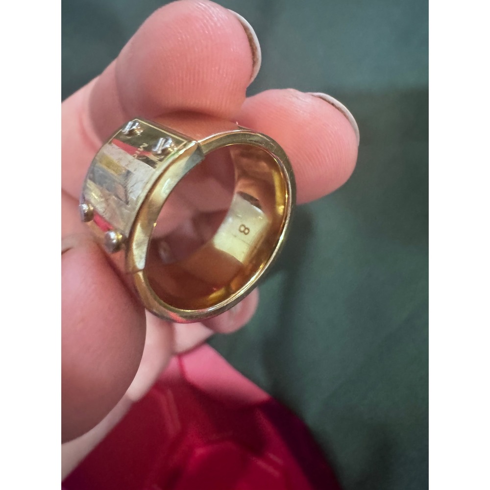 Michael Kors Gold Tone Est 1981 Logo Plaque Wide Band Ring Size 8
